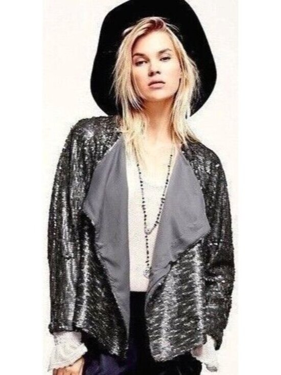 NWT Free People Draped Silver Gray Sequin Jacket | Mob Wife Glam Boho Streetwear - Picture 12 of 16